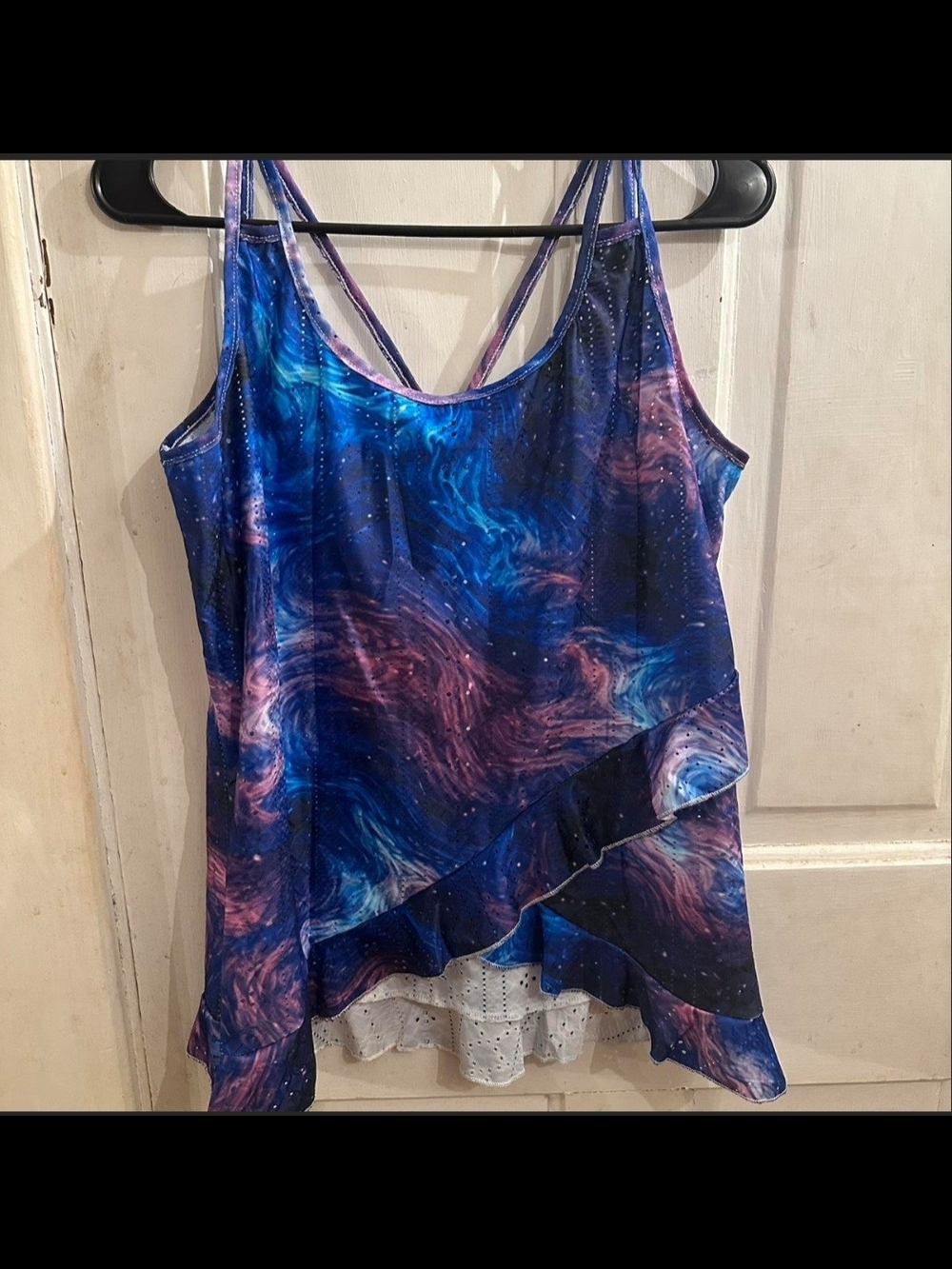 Galaxy Print Ruffle Hem Women's Tank Top - Blue/Purple